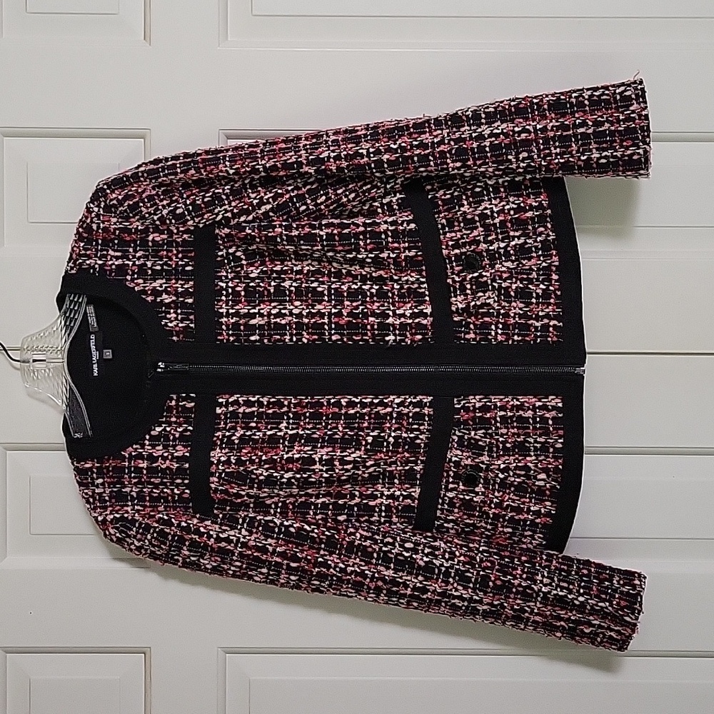 Karl Lagerfeld womens tweed zip up blazer black white pink metallic thre… - Picture 1 of 7